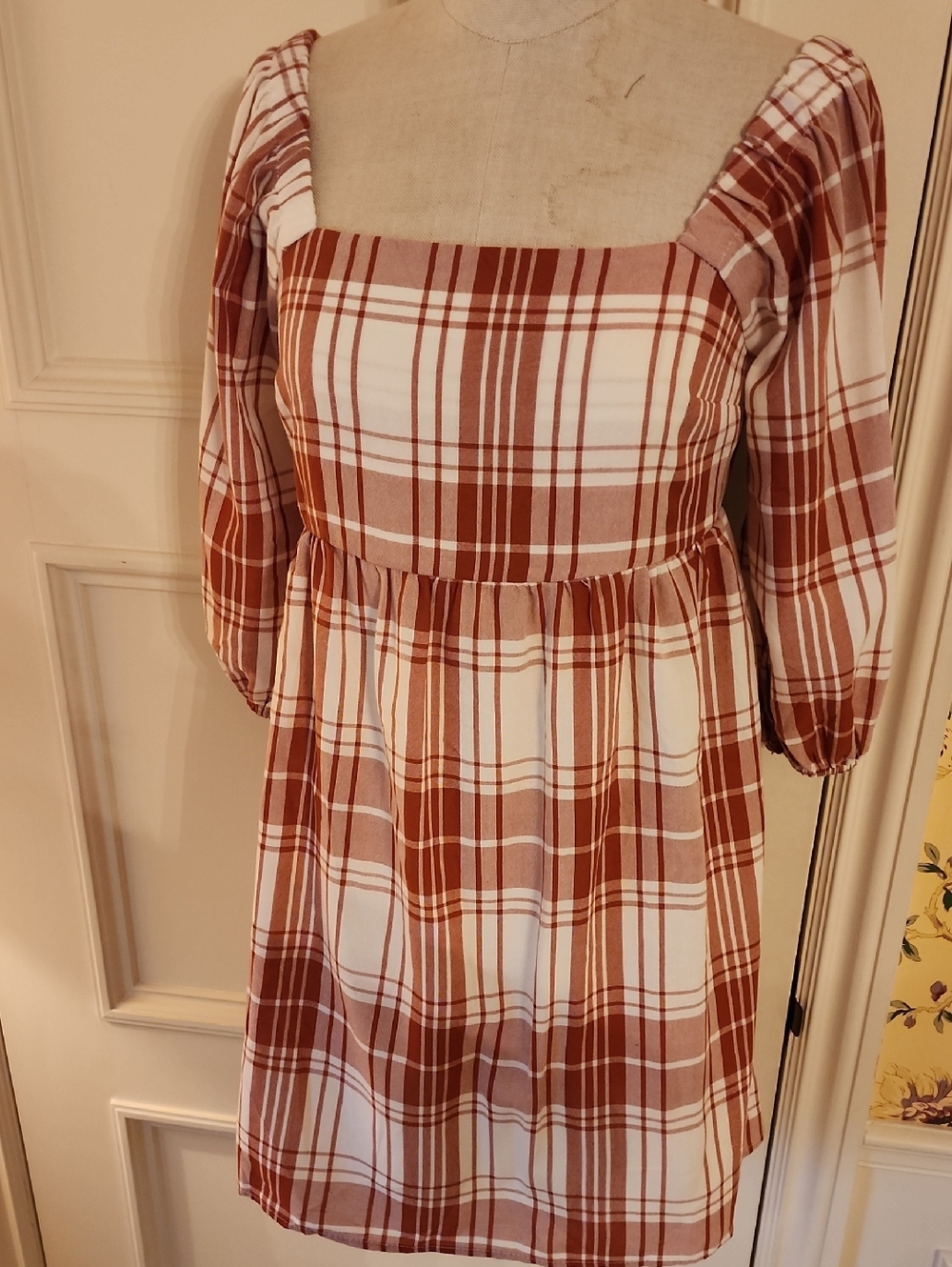 Monteau Rust and Cream Plaid Square-Neck Dress